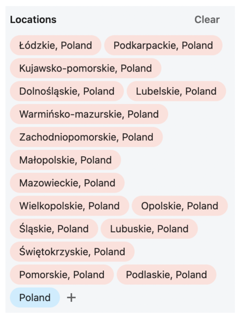 LinkedIn Dark Matter - lista z województwami w wyszukiwarce z wyłączeniem Polski